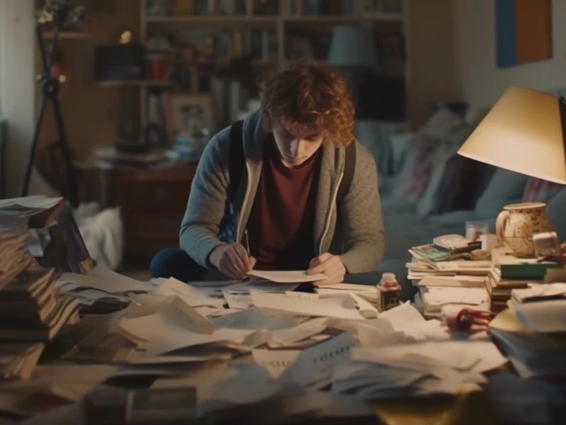 Uczeń w internacie obłożony książkami